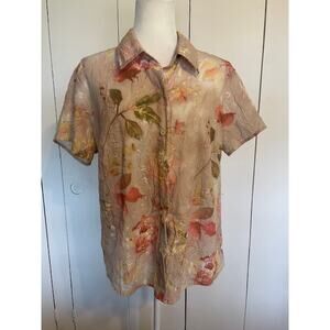 Coral Bay Size XL Short Sleeve Button-Up Shirt Tan with Pink Floral‎